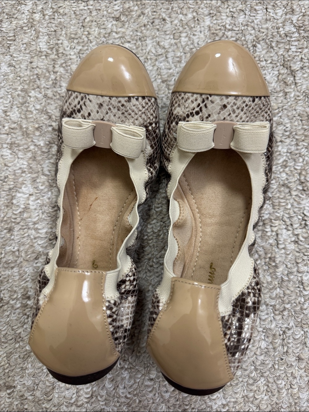 Salvatore Ferragamo Beige Snake-Print Patent Toe Ballet Flats with Bow
